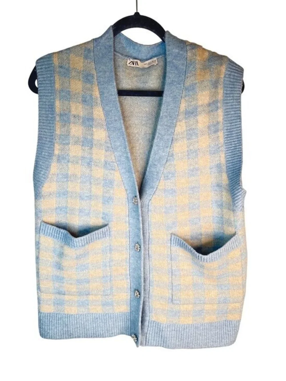 2/$30 ZARA Size Small Light Blue & Cream Gingham Knit Cardigan Vest S Polyester